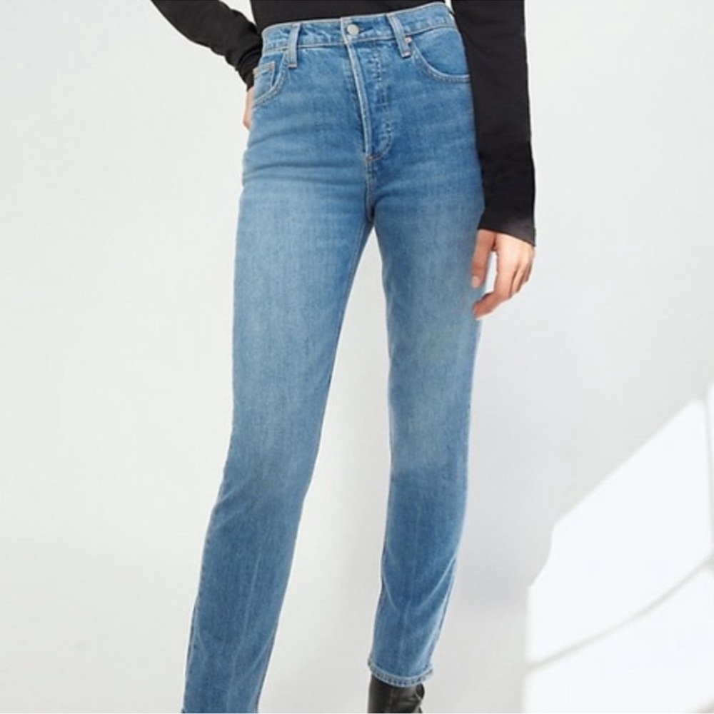 Denim Forum Aritzia The Yoko High Rise Slim Denim Blue Button Down Jeans Size 30
